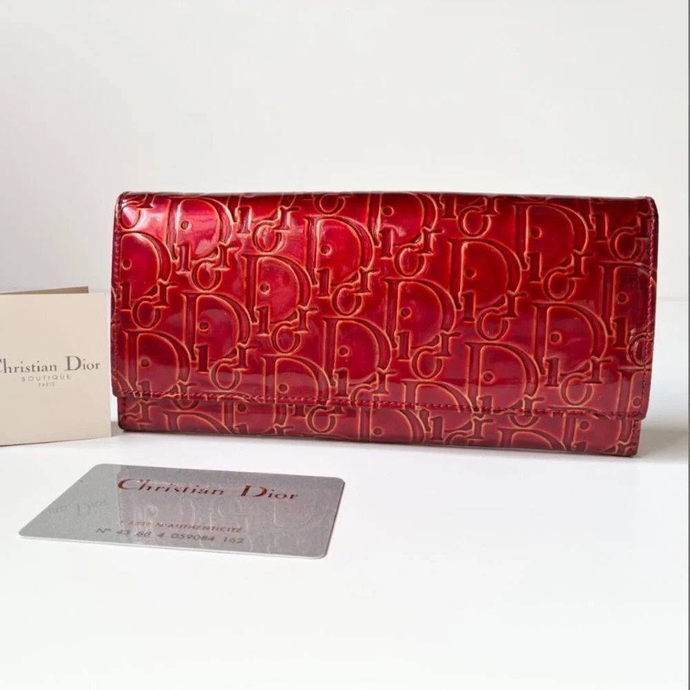 Dior Red Embossed Patent Leather Continental Wallet